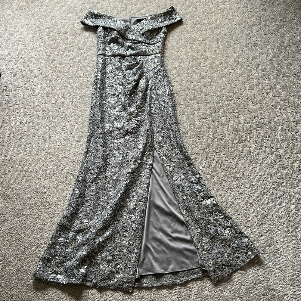 Over-the-Shoulder Corded Lace Elegant Pewter Evening Gown